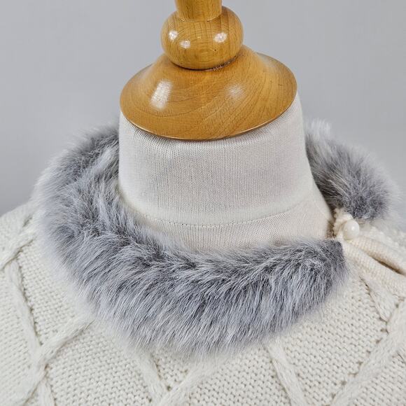 Janie and Jack Girl's Faux Fur Trimmed Cable Knit Sweater Ivory Poncho | 4 - Picture 4 of 14